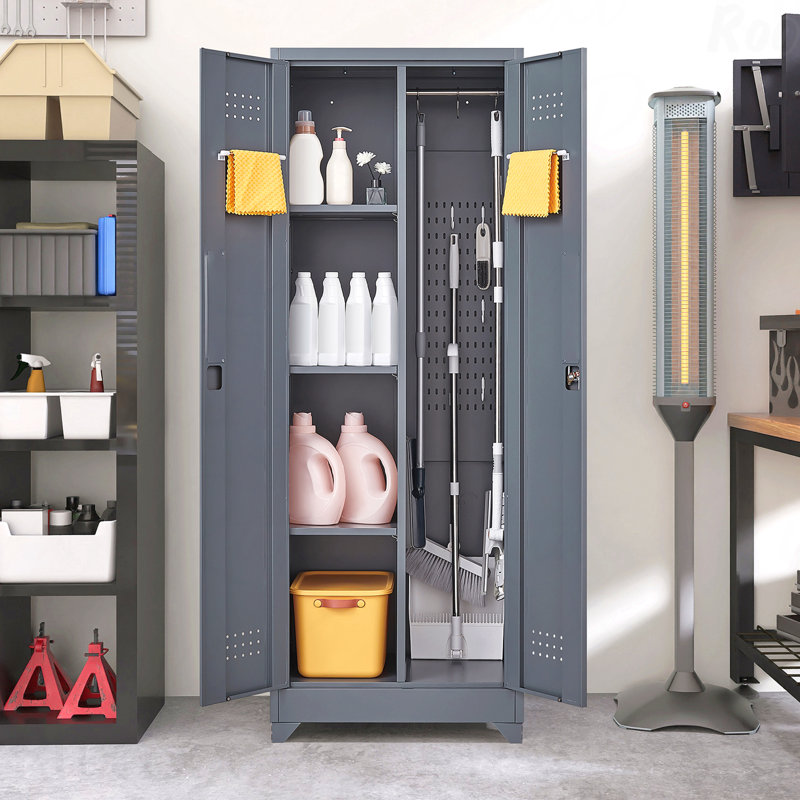 65" H Grey Broom Storage Organizer Cabinet With Locking Doors And Shelves Hanging Rod & S-Hooks Cleaning Tool Storage Cabinet