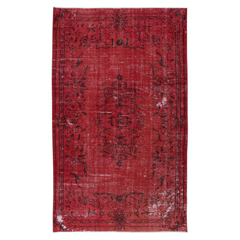 Tapis contemporain rouge en laine 5 pi x 8 pi noué à la main en Turquie