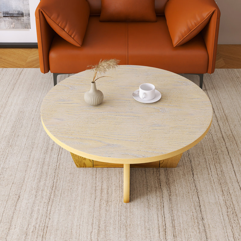 Table basse ronde en bois 36 po, Plateau en bois de chêne / base jaune