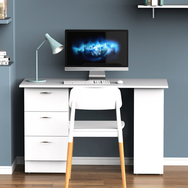 White 47" Computer Desk Bookcase With 3 Drawers & Storage Shelf, Modern Office Workstation For Home, Spacious Desktop And Shelf Space - Home Office, Bedroom, Dorm, Apartment