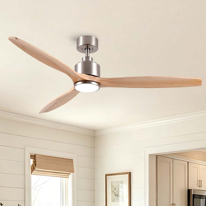Ventilateur de plafond moderne en bois massif nickel brossé à 3 pales de 60 po avec lumière DEL, moteur DC et télécommande