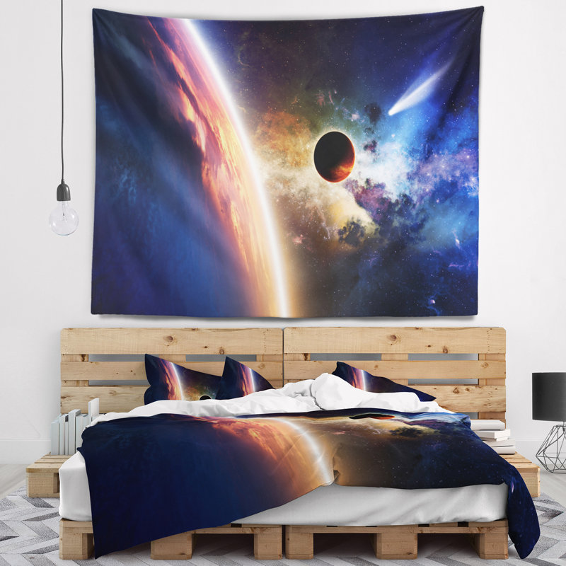 Spacescape planet et comet in space tapestry, H 50 po x l 60 po
