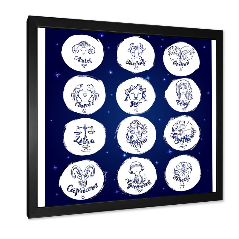 Signes du zodiaque sur bleu - Impression sur toile, H 30 po x l 30 po x P 1 po, Cadre photo noir