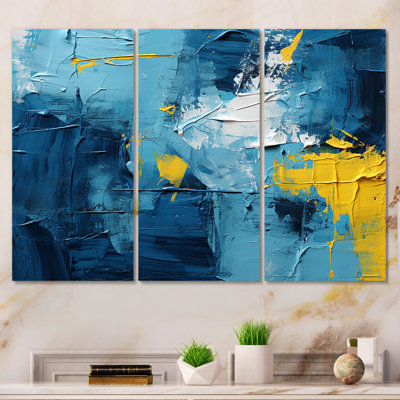 "Bliss Of Happiness" en jaune et bleu II sur toile, 3 pièces