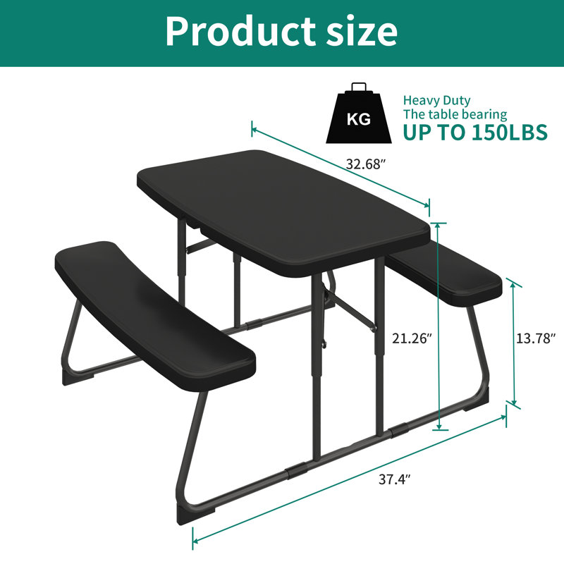Table de pique-nique rectangulaire pour 4 personnes 32,68 po Dumlao, Noir