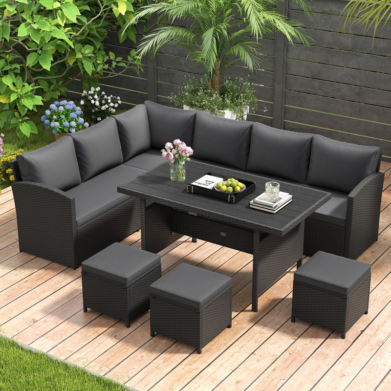 Ensemble de meubles de patio en rotin 7 pièces, canapé en osier avec coussins moelleux pour l'extérieur
