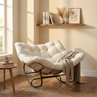 Oversized  Rocking Papasan Chair with 6" Thick Cushion, Beige