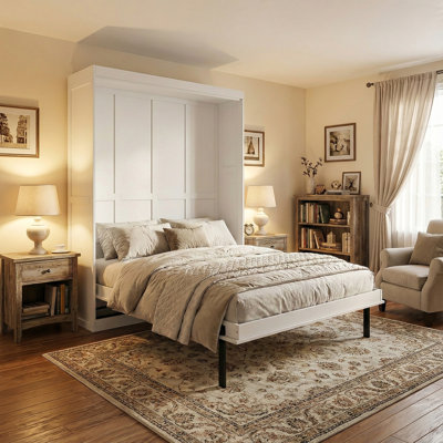 Grand lit escamotable mural blanc avec 14 tablettes, armoire multifonctionnelle peu encombrante