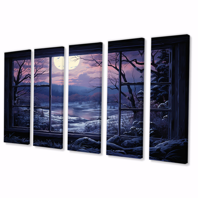 «Purple River Winter Windows III - Winter Landscape», art mural 5 pièces, H 28 po x l 60 po