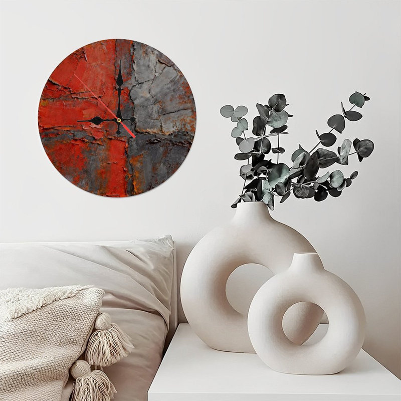 Horloge murale ronde en bois 10 po, mouvement à quartz silencieux, imprimé UV, à piles, Rouge gris