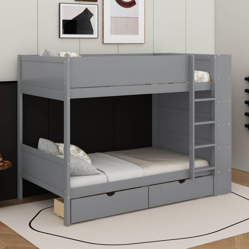 Lit superposé simple au-dessus de simple avec tiroirs et armoire, Gris
