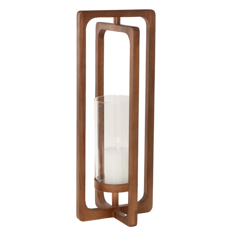 Wood Handmade Decorative Candle Lantern with Round Center Holder, Brown, 24" H x 9.5" W x 9.5" D