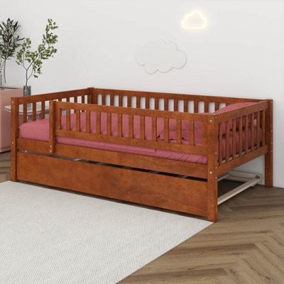 Lit de jour simple avec lit gigogne, cadre de lit plateforme en bois avec garde-corps de clôture, aucun sommier nécessaire