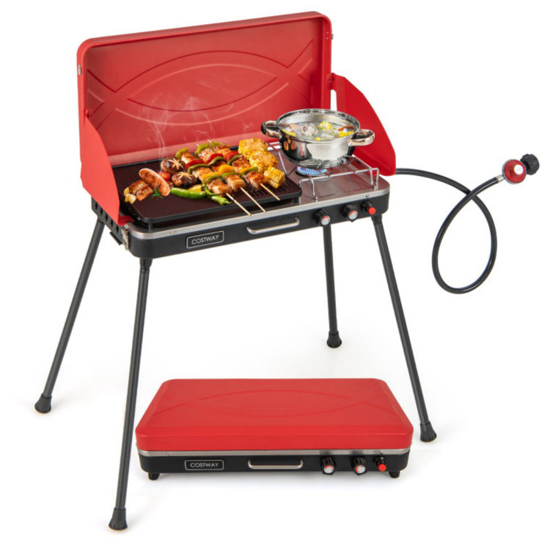 Barbecue et réchaud à gaz 2 en 1 avec 4 pieds amovibles, Rouge