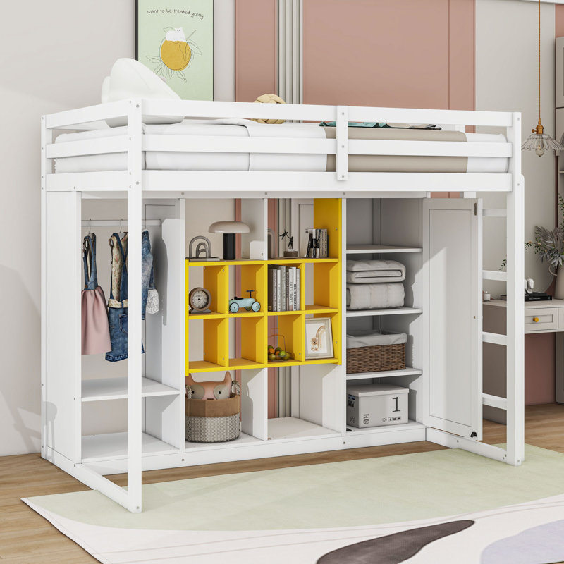 Wooden Loft Bed With Shelves, Wardrobe And Guardrails, White/Yellow, Twin
