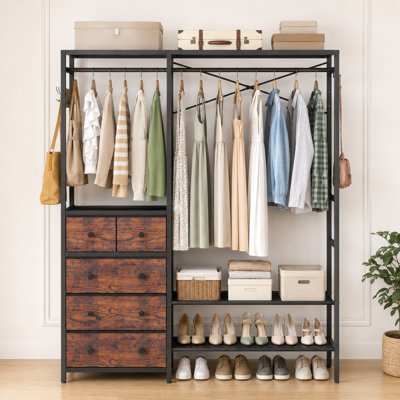 Système d'organisation sur pied l 59 po avec 5 tiroirs en tissu, 2 tringles de suspension, tablettes et crochets