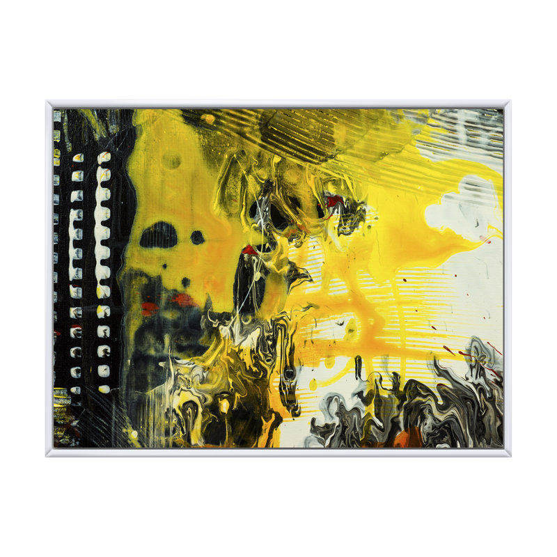 Jaune jaune, noir et blanc, art liquide X - peinture sur toile, H 24 po x l 32 po x P 1 po, Cadre flottant blanc
