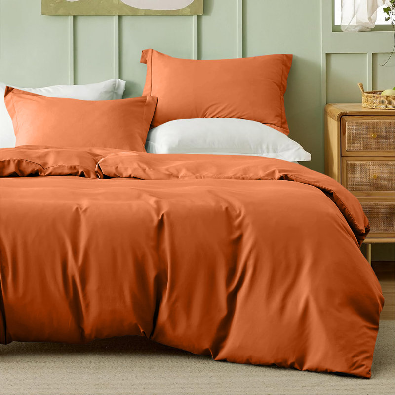 Onorino Luxury 4-Piece Dyed Duvet Set with Pillowcases or Fitted sheet (4 in 1), Double Duvet Cover Set, Orange