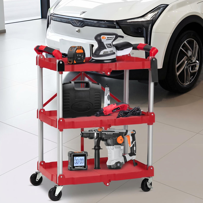 Chariot utilitaire pliable robuste à 3 niveaux avec roulettes – Chariot de service roulant pliable, roulettes pivotantes à 360° verrouillables, organisateur portatif pour bureau, maison, garage, entrepôt – Aucun assemblage requis – Gris