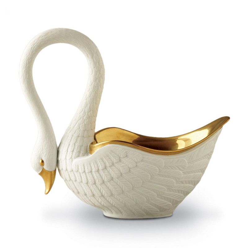 Swan Bowl, White/Gold, 13" H x 7" W x 14" D