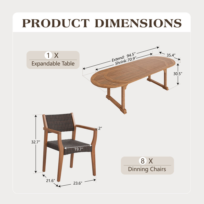 Ensemble de salle à manger d'extérieur ovale extensible, 8