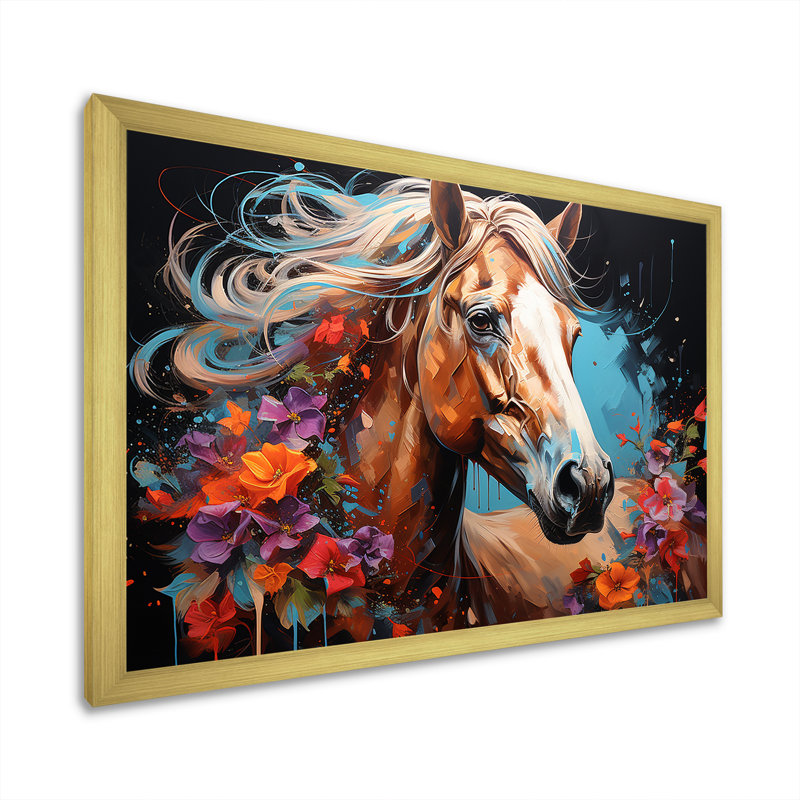 Cheval, art de rue, H 24 po x l 32 po x P 1 po, Cadre doré simple