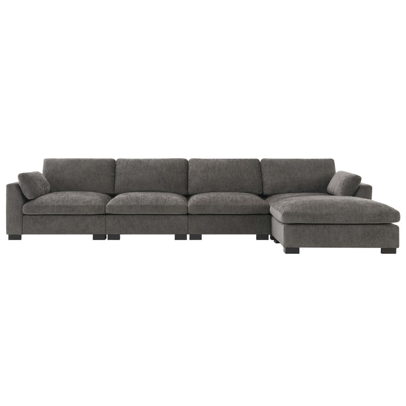 Canapé modulaire de 130 po en forme de L avec table pliante et port double, poches de rangement latérales, 2 coussins d'accoudoirs, repose-pieds à mouvement libre, mousse haute densité, chenille, 5 sièges