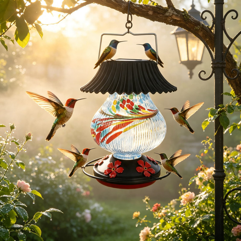 Mangeoire solaire pour colibris, veilleuse multicolore en verre soufflé à la main, mangeoire d'extérieur étanche pour le jardin et la cour