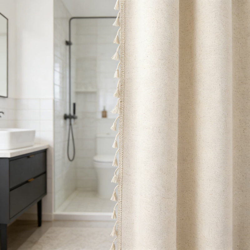 Ensemble de rideau de douche en lin avec pompons lestés, ensemble de rideau de bain de style campagne chic et hydrofuge comprenant des crochets, mélange de lin naturel pour les salles de bain rustiques rétro ou modernes