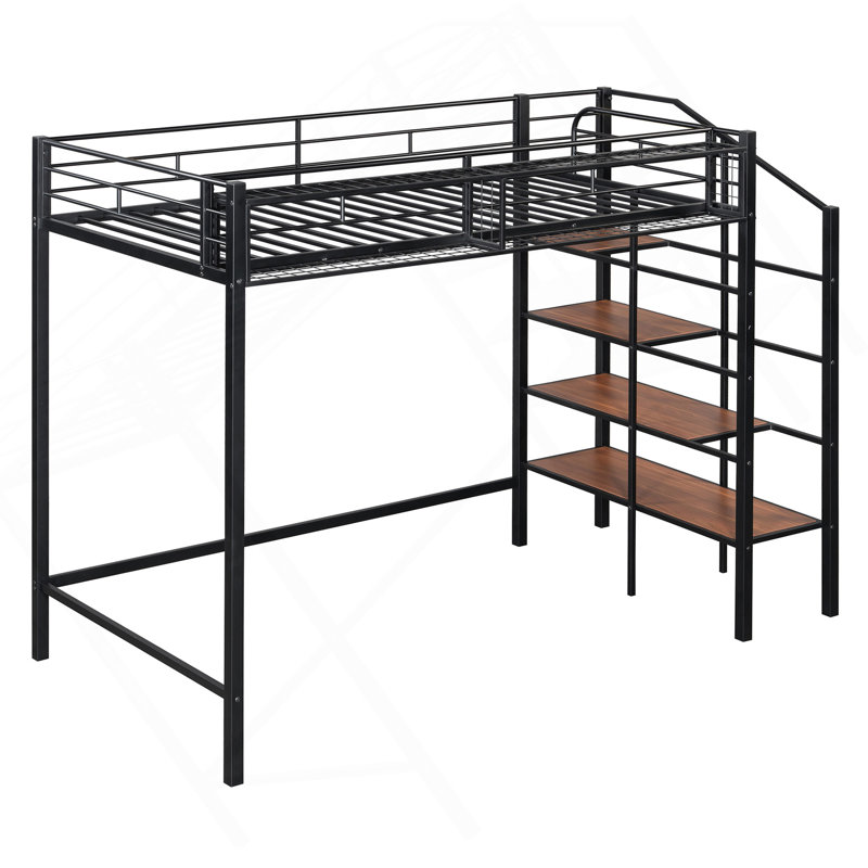 Lit mezzanine simple en métal avec grille de rangement supérieure et échelle de rangement latérale , Noir