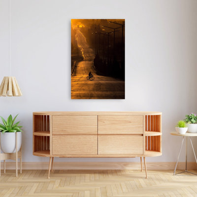 «Golden Hour Cyclist Peaceful Serene Abstract Sunrise Sunset», reproduction d'art