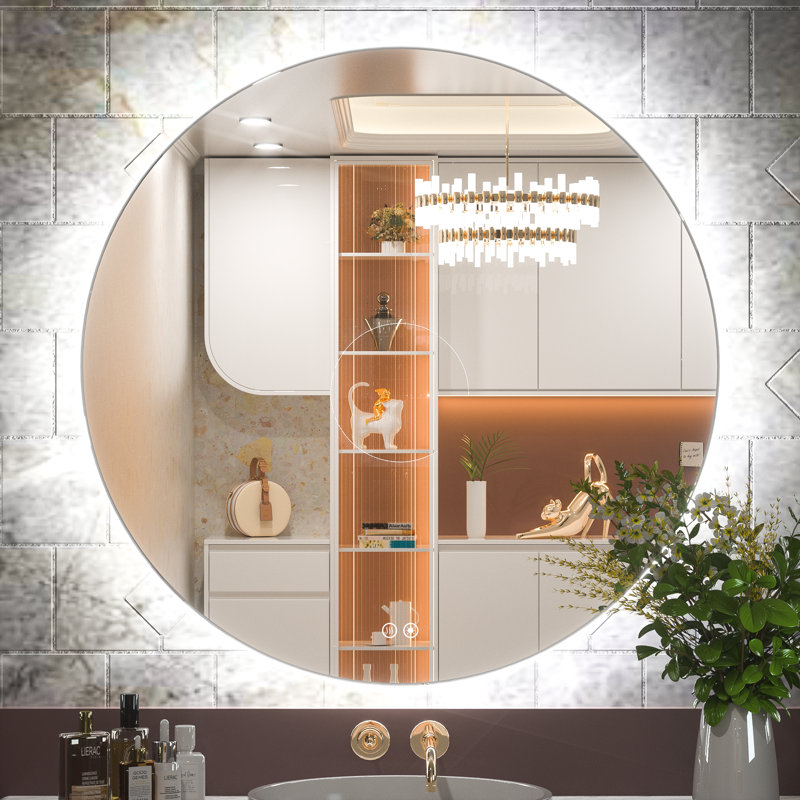 Losoya Frameless LED Lighted Bathroom Vanity Mirror Dimmable Round Mirror, 32" x 32"