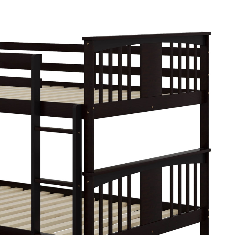 Lit double superposé au-dessus d'un lit double avec lit gigogne simple et échelle, Espresso