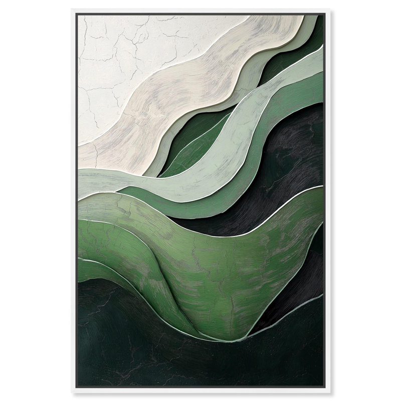 «Green Echoes I», art abstrait vert, H 55 po x l 37 po, Cadre blanc