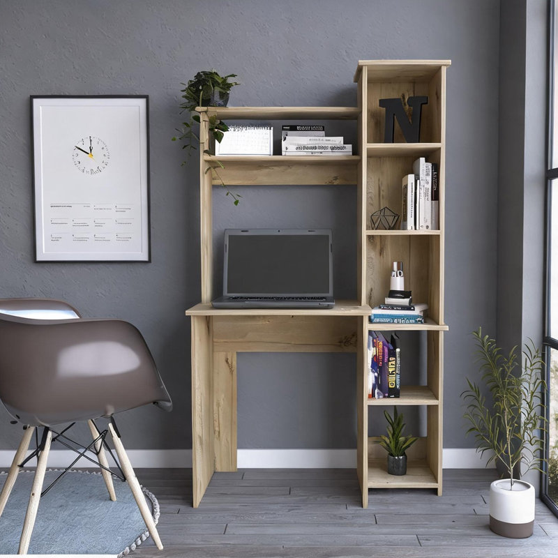 Bureau d'écriture avec tablette de rangement en panneau de particules beige neutre, l 38,7 po x P 17,8 po x H 63,9 po, Beige