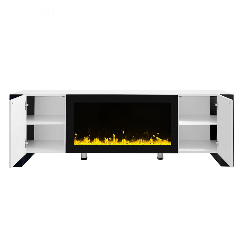 Wood Top TV Stand  With  Electric Fireplace ,2 Cabinets, White