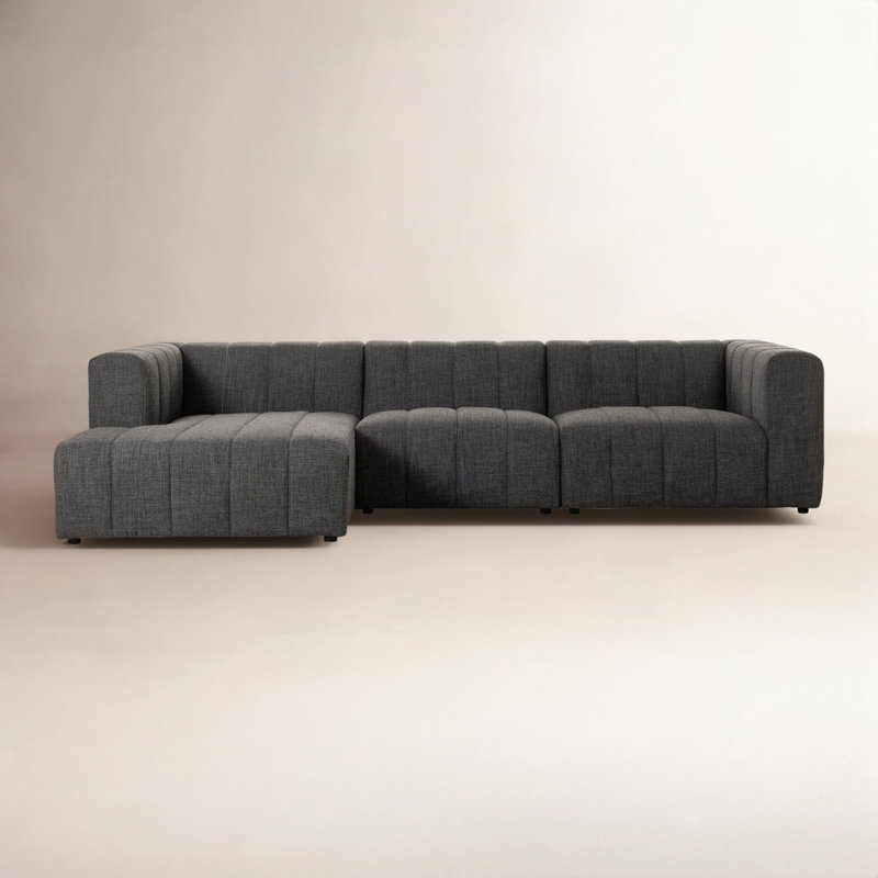 Langham Modular Sofa & Chaise, Saxon Charcoal Polyester Blend, Left Hand Facing, Black