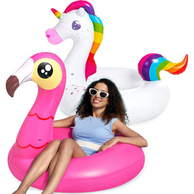 2-Pack Flamingo Unicorn Pool Float - Fun Floaties Inflatable Swimming Pool Tubes Toys Party Decorations, Summer Vacation Lake Beach Floaty Swim Rings Raft Lounger For Adults & Kids