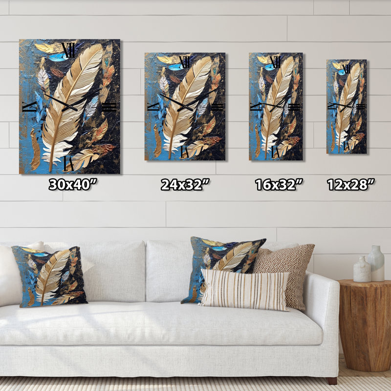Boho Glam exquis or sur plume, peinture - Horloges murales en plumes, Très grand