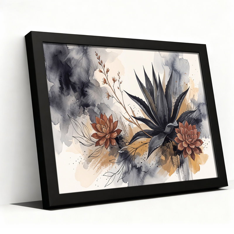 " Grey and Tan Watercolor Agave and Succulents " Painting, H 16 po x l 24 po