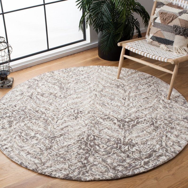 Lieberman Hand Tufted Wool/Viscose Pile Damask Rug in Ivory/Brown, Square 6'