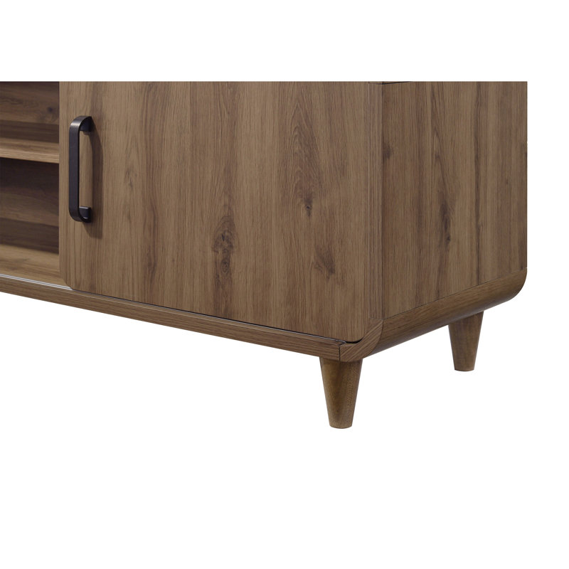 1Pc TV Stand Contemporary Sliding Doors Black Handles Tapered Legs Mid-Century Wooden Living Room Furniture Brown Finish