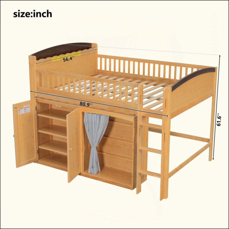 Lit mezzanine avec armoire de rangement, garde-robe et DEL, Lit double, Naturel