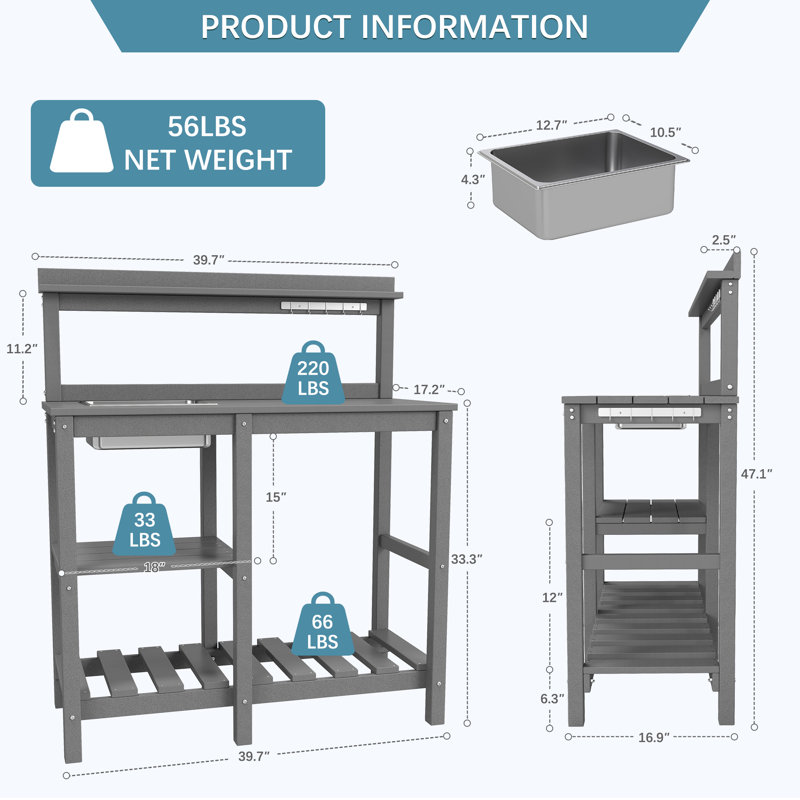 Potting Bench Outdoor Potting Table With Sink, Hdpe Potting Benches For Outside Gardening Table All Weather Use- Grey, Grey