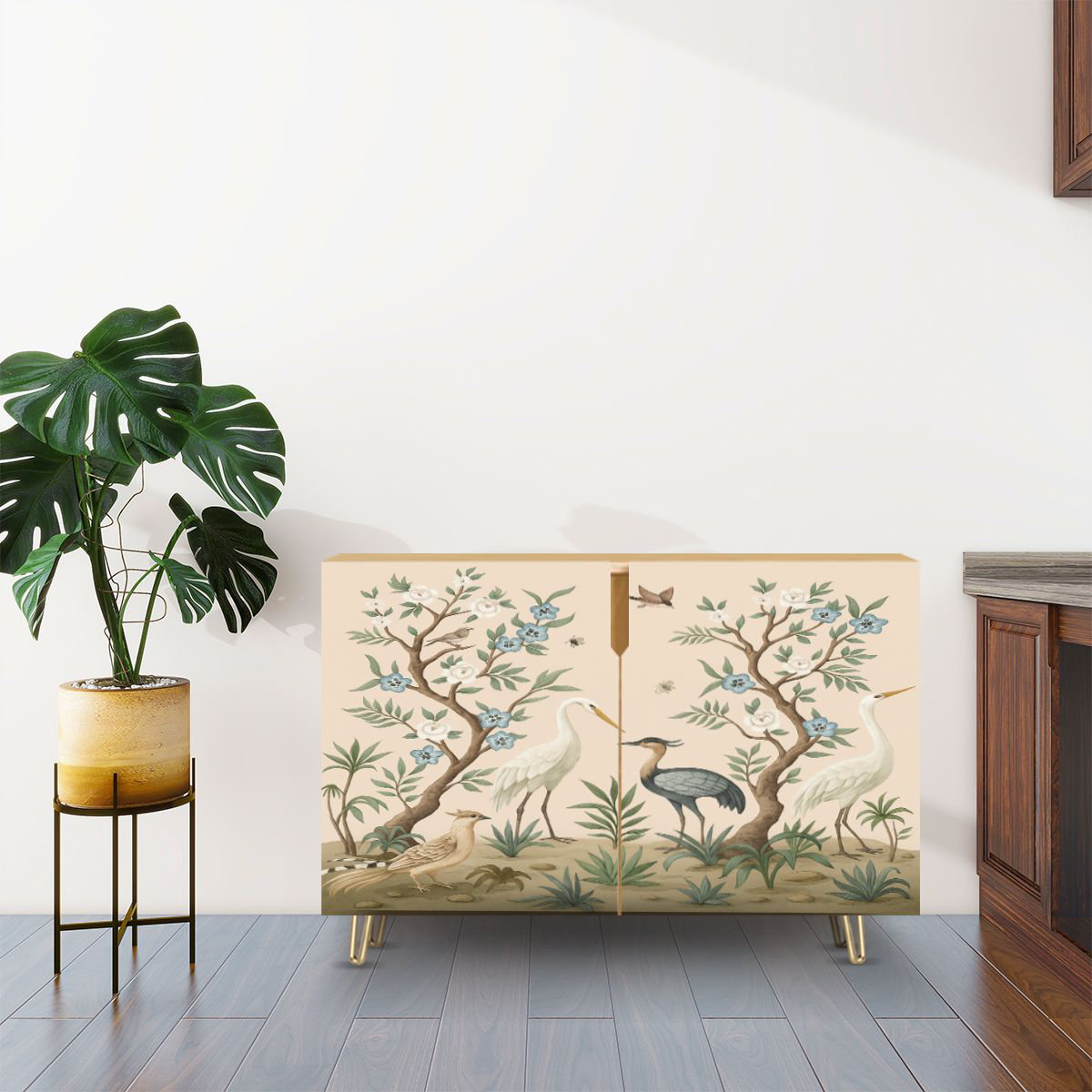 Dakota Fields Sideboard Buffet Cabinet with Storage Border chinoiserie style herons peonies with 2 Doors for Living Room | Wayfair