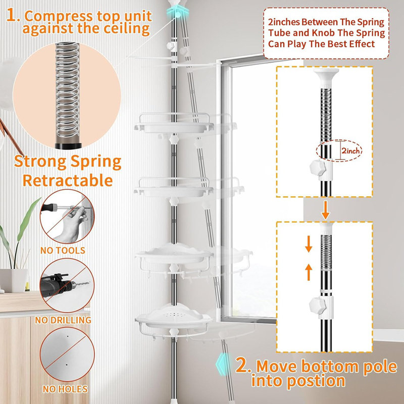 Poteau de tension de mise à niveau pour support de douche - Argent - Organisateur de coin réglable à 4 niveaux, acier inoxydable 18/8, tablette de salle de bain antirouille pour shampooing et accessoires