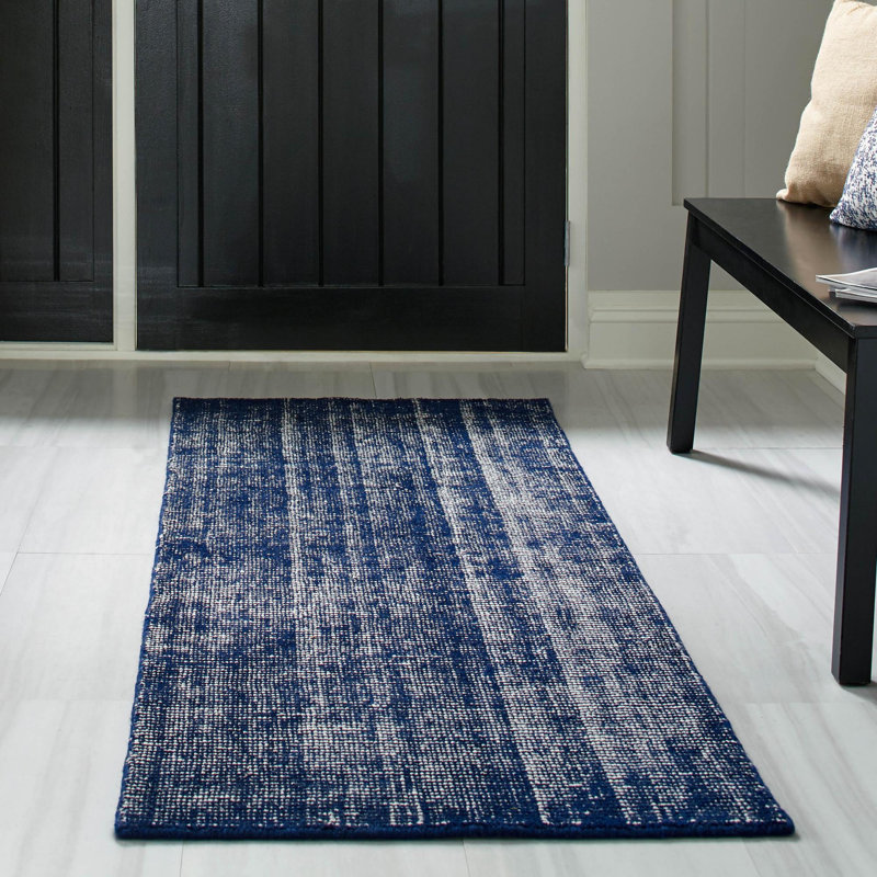 Tapis uni / rayé couleur bleu-ivoire Liabah, Tapis de couloir 2 pi x 4 pi 1 po