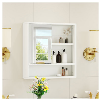 Armoire de toilette murale moderne avec miroir et étagères ouvertes, armoire de rangement en MDF blanc avec détails dorés