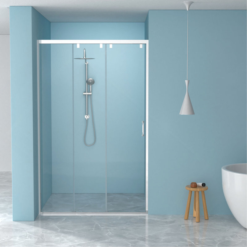 Porte de douche coulissante triple 48 po x H 76 po (8 mm) en verre transparent, cadre en acier inoxydable, Chrome