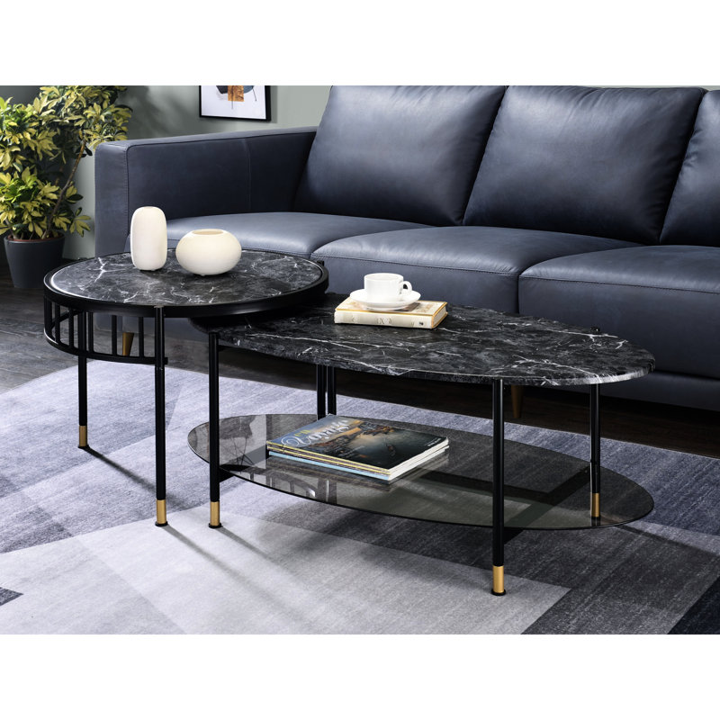 Compact Nesting Tables With Functionality And Black Finish Sleek Metal Engineered Stone Surfaces
